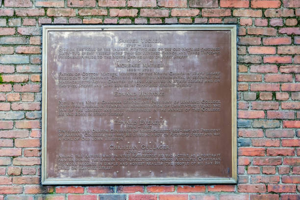 Sign on the wall of Paul Revere's Mall beside Old North Church, this sign gives details of Samuel Tucker, Increase Mather,Edward Holyoke, Edward Everett and Christian Gullager in Boston, Massachusetts, USA.