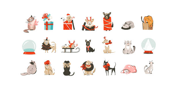 Hand drawn vector abstract cartoon Merry Christmas and Happy new year clipart illustrations elements set with pet cat and dogs characters.Merry Christmas cute design.Winter holiday decoration concept