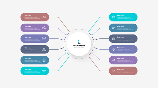 Flowchart infographic business template. Central circle with 12 rounded elements. Vector diagram with twelve options.