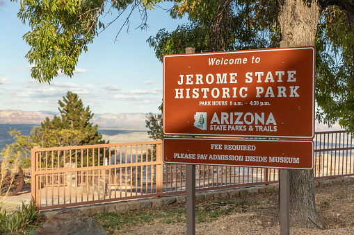 Jerome, AZ, USA - October 27, 2023: Jerome is a historical city that was once a populated copper mining town built into Cleopatra Hill and established in 1899.