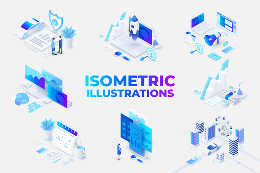 Set of isometric illustrations with characters for landing page, advertisement or presentation. Data analysis, management, SEO, planning and startup business.