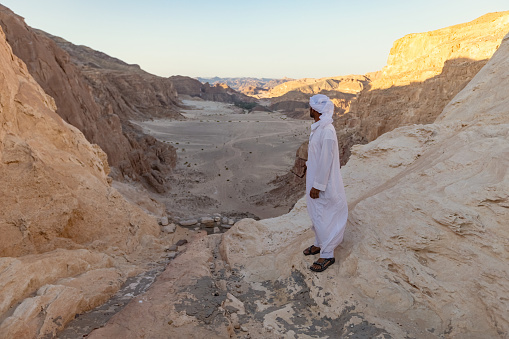 Bedouin man wearing traditional white clothes looking at the desert valley in South Sinai, Egypt