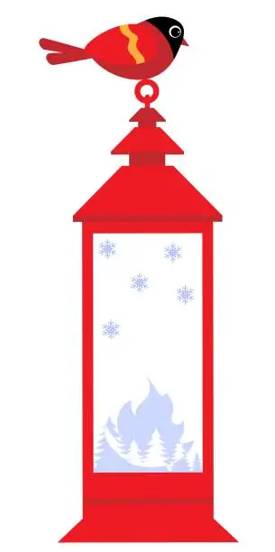 Vector illustration of Christmas story time. A red bird sits on a red lantern with snowflakes. Christmas and New Year vector composition.