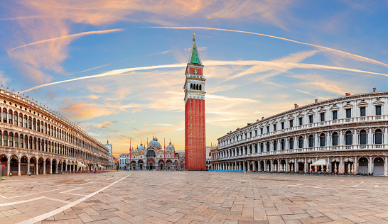 Most famous medieval square of Venice, exclusive sunset panorama, Italy.