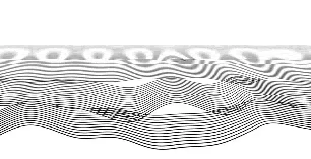 Vector illustration of Monochrome wave patterns transitioning from fine lines to bold ripples.