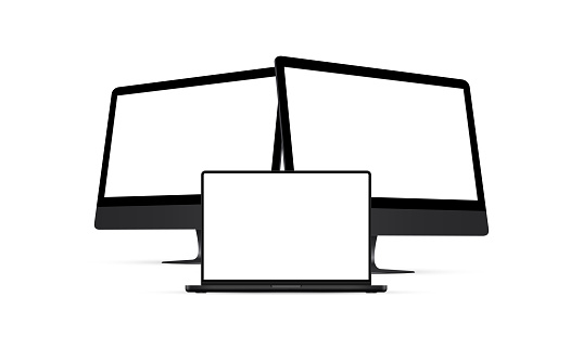 Black Computer Monitors And Laptop With Blank Screens, Front and Side View, Isolated on White Background. Vector Illustration