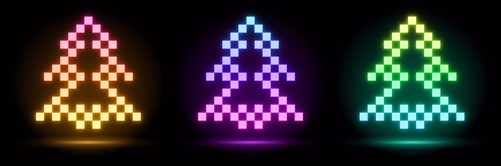 3d render, pixel christmas tree shape, empty space, ultraviolet light, 80's retro style, fashion show stage, abstract background, illuminate frame design. Abstract cosmic vibrant xmas 8 bit icon.