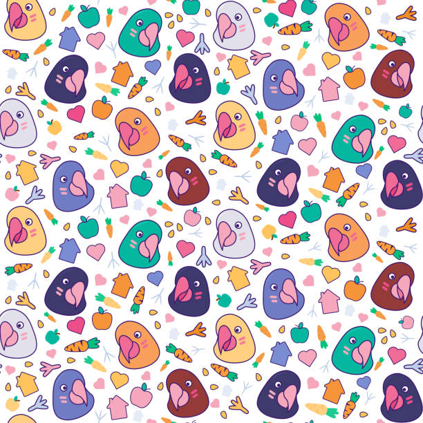 ilustrações de stock, clip art, desenhos animados e ícones de funny parrot pet muzzles and food seamless pattern - four of hearts