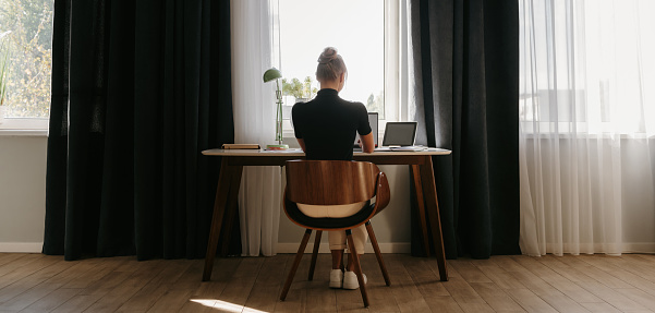 Rear view of young businesswoman working at home while sitting at the desk in front of the window