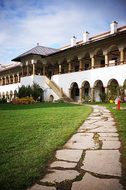 Coutyard of the Polovragi monastery in Romania stock photo