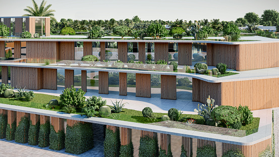 Digitally generated image of a modern architecture building with concrete slabs, wood facade, glass windows, green terraces with vegetation and grass, reflective water ponds, roof gardens and palm trees around.