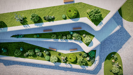 Digitally generated image of a modern architecture building with concrete slabs, wood facade, glass windows, green terraces with vegetation and grass, reflective water ponds, roof gardens and palm trees around.