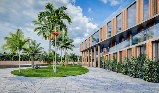 Digitally generated image of a modern architecture building with concrete slabs, wood facade, glass windows, green terraces with vegetation and grass, reflective water ponds, roof gardens and palm trees around.