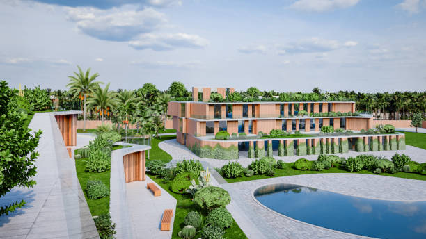 istock Architectural digital image render of a modern school surrounded by nature. Incredible view of the sloped terraces from the roof garden in a sunny day 1802418602