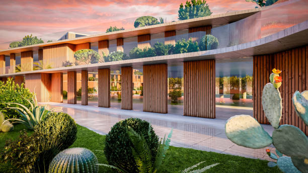 istock Architectural render of a beautiful office terrace at sunset 1802418627
