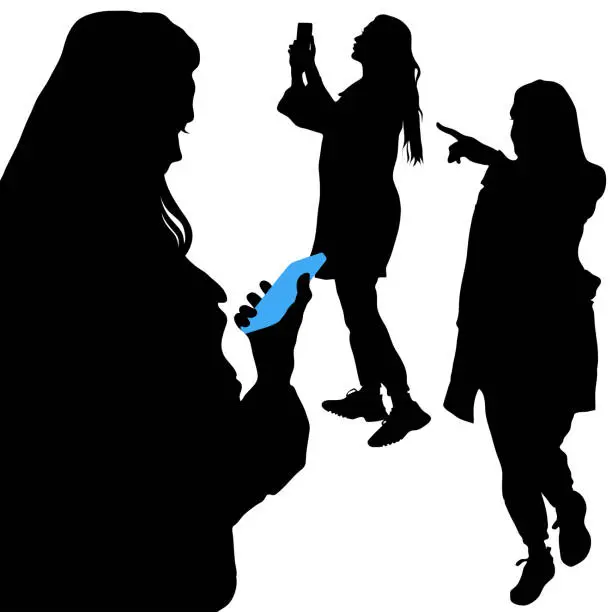 Vector illustration of Three silhouettes of a girl with a phone. Vector illustration