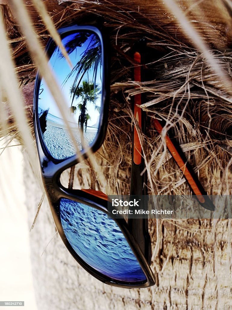 holiday flair Sunglasses reflecting a beach with palm trees Abstract Stock Photo