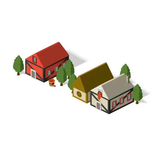 Vector illustration of Isometric European Farmhouse - European Barns - Small Town - Villages in Europe - Destination Europe - Travel Spot - Locations - Places in Europe - European Architecture - Travel Rentals