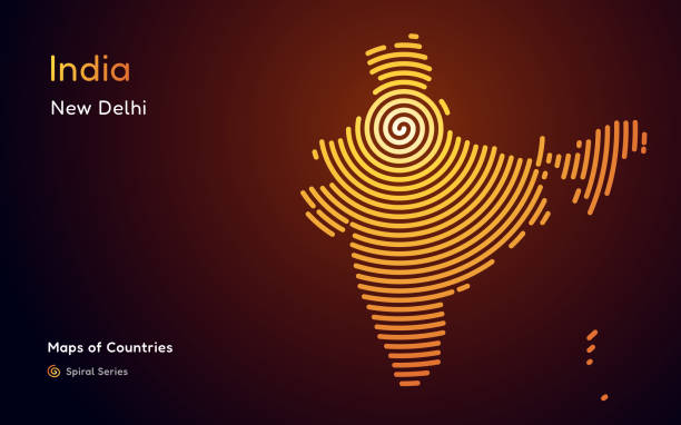 абстрактная золотая карта индии с круговыми линиями. идентификация его столицы, дели. - india new delhi indian culture pattern stock illustrations