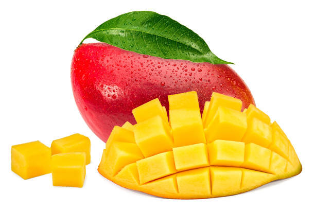 istock fresh sliced mango with green leaves isolated on white background. exotic fruit. clipping path 1802454486