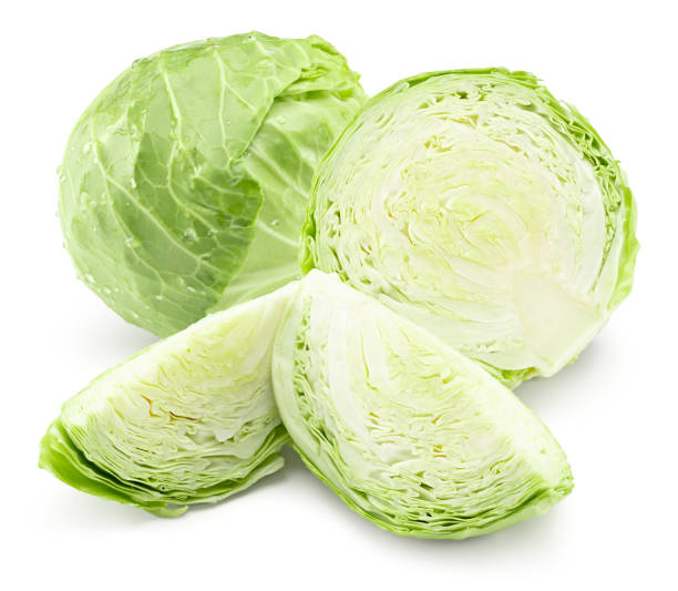 istock Cut of green cabbage isolated on white background. clipping path 1802454505
