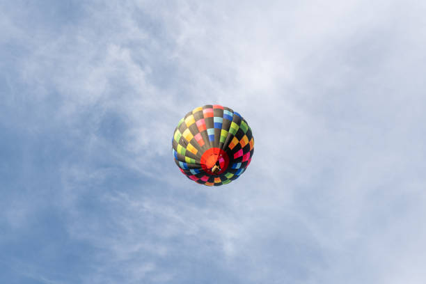 istock A single multi-color hot air balloon floats overhead in a blue sky with thin clouds 1802455038