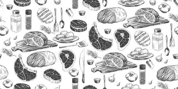 illustrations, cliparts, dessins animés et icônes de modèle sans couture avec de la viande - fatback