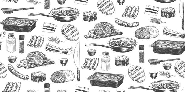 illustrations, cliparts, dessins animés et icônes de motif sans couture avec des ustensiles de cuisine et de la viande frite - fatback