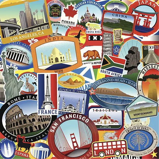 Vector illustration of Retro World Travel Sticker Collage