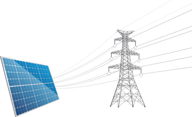 Power Line tower and solar Using a transparent effect and mixed mode. electricity silhouettes stock illustrations