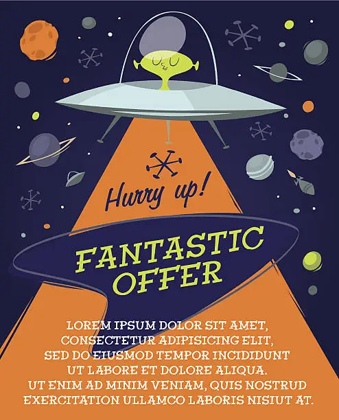 Vector illustration of Fantastic offer in space. Retro styled vector poster.