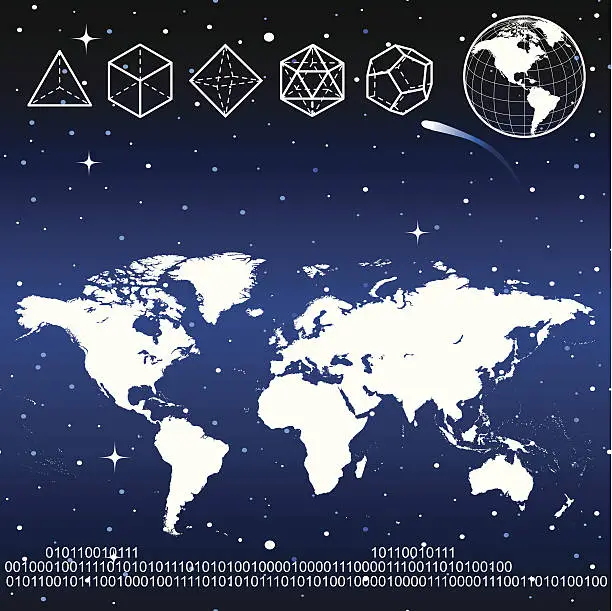 Vector illustration of world map and platonic solids