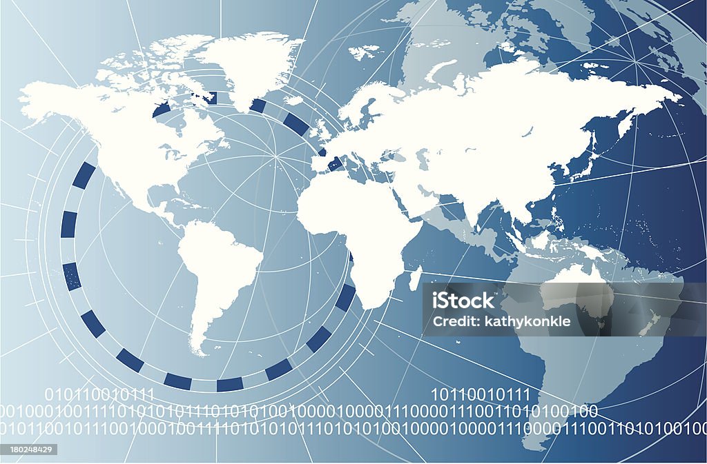 Mappa mondo bianco con flusso di dati - arte vettoriale royalty-free di Tecnologia