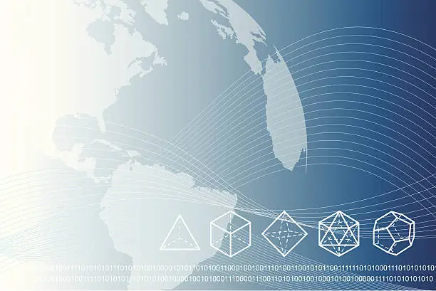 Vector illustration of earth with platonic solids and data stream