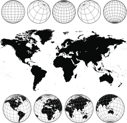 Vector world map and globes in black and white.