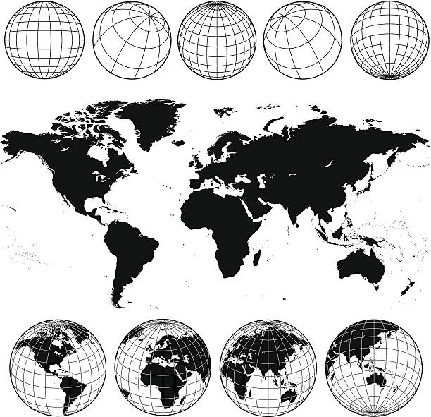 Various views of the world as a globe, and on flat surface  Vector world map and globes in black and white. longitude stock illustrations