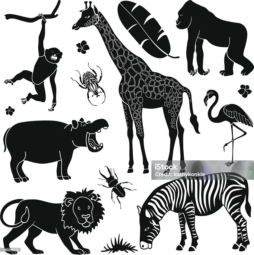 Black and white pop art of African animals Vector illustrations of various African animals: monkey, giraffe, gorilla, hippo, flamingo, lion and zebra. Ape stock vector