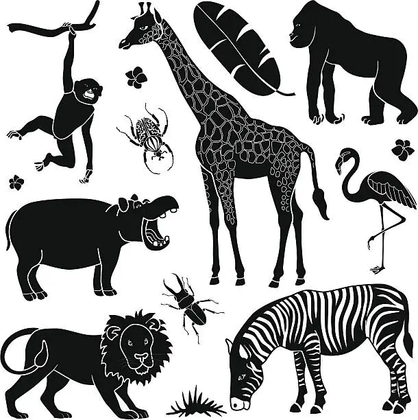 Vector illustration of Black and white pop art of African animals