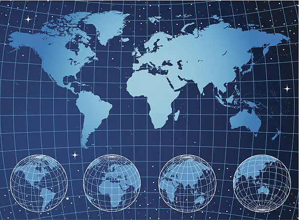 Vector illustration of Blue world map and globes on grid in space