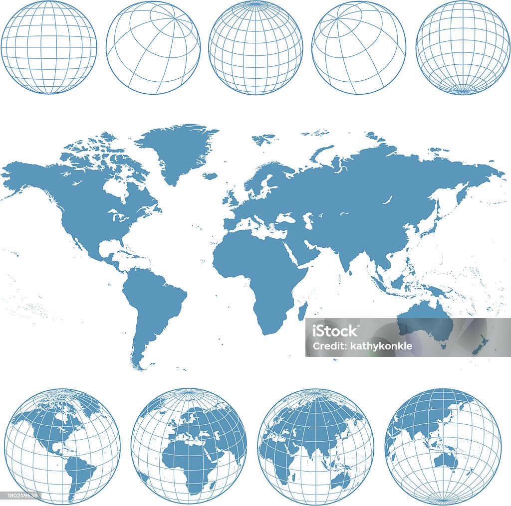 블루 세계지도 및 wireframe 지구본 - 로열티 프리 지구본 벡터 아트
