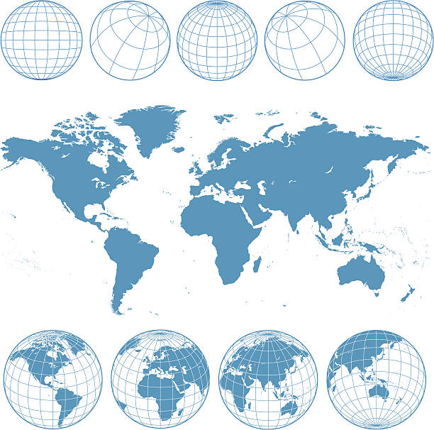 blue world map and wireframe globes Vector world map and wireframe globes in blue. Planet stock illustrations