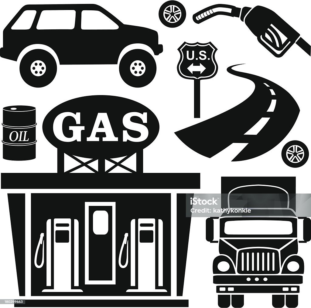 gas station down on road Vector design elements with a gas station and driving theme. Barrel stock vector
