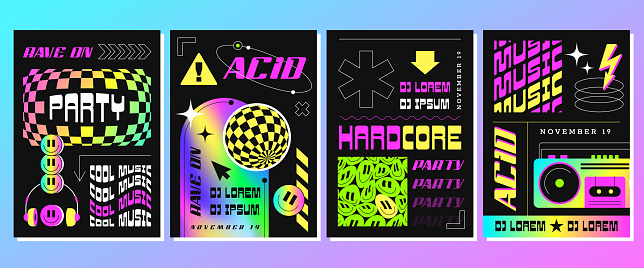 Rave acid posters for party or electronic music festival. Surreal vector illustration in trendy psychedelic style. Flyers with abstract geometric shapes, smiles, disco ball and holographic frame.