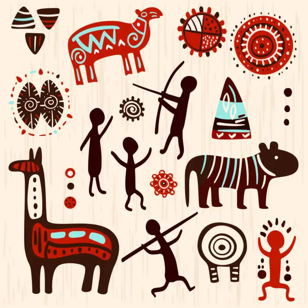 Vector illustration of Set with prehistoric rock painting petroglyphs depicting human and animal. Cave art with ancient wild animal, hunter and ornament