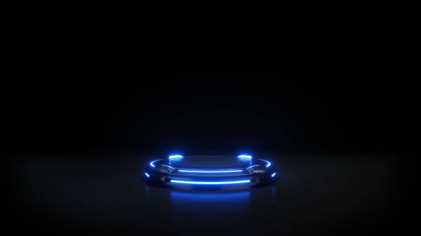 istock Podium For Product Presentation with Blue Neon Lines Around, Dark Digital scene 1802500655