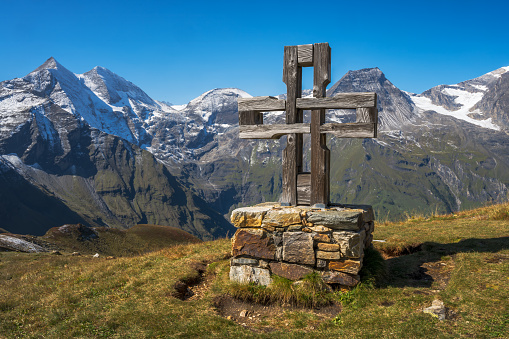 Summit cross at the Grossglockner hig alpine road  in the High Tauern mountains
