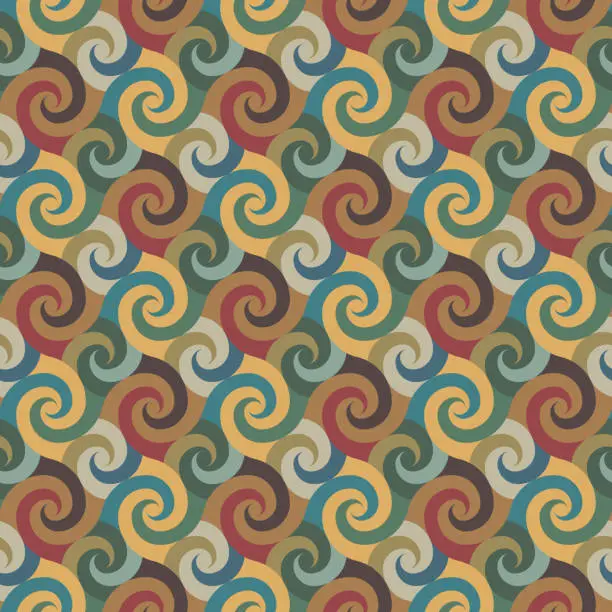 Vector illustration of Seamless geometric pattern with multicolored wavy swirls. Ethnic retro style design in vintage colors. Vector illustration.