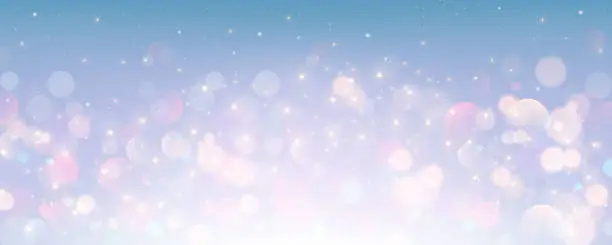 Vector illustration of Pastel winter sky with bokeh. Blue light color gradient. Fantasy soft blurred wallpaper. Vector Christmas landscape.