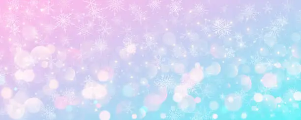 Vector illustration of Christmas snowy background. Cold pink blue winter sky. Vector ice blizzard on gradient texture with bokeh and flakes. Festive new year theme for season sale wallpaper.
