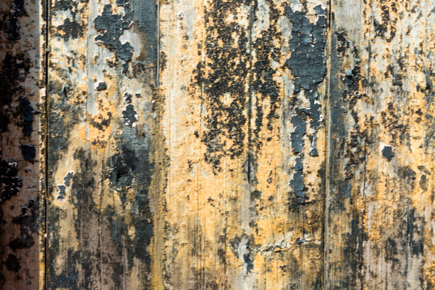 Weathered and scratched rustic wooden board.High angle view of a flat textured wooden board backgrounds. It has a beautiful nature and abstractive pattern. A close-up studio shooting shows details and lots of wood grain on the wood table. The piece of wood at the surface of the table also appears rich wooden material on it. The wood is dark brown color with darker brown lines and pattern on the bottom. Flat lay style. Its high-resolution textured quality.The close-up gives a direct view on the table, showing cracks and knotholes in the wood.